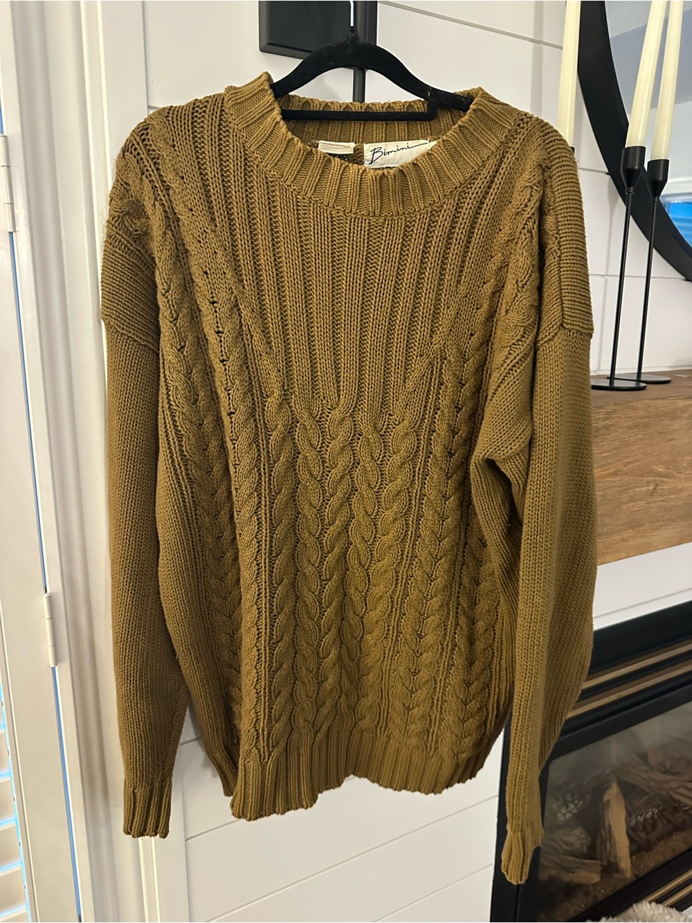 Vintage Bimini Cable Knit Crewneck Sweater in Mustard Brown